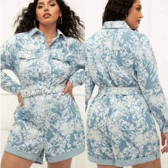 Eloquii Pants - ELOQUII Elements Plus Size 26 Blue Floral Denim Romper / Playsuit